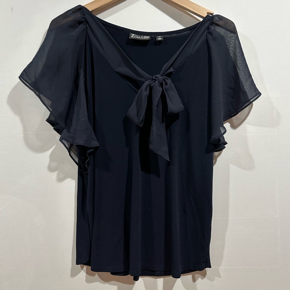 Navy Flutter-Sleeve Tie Front top 7th Avenue